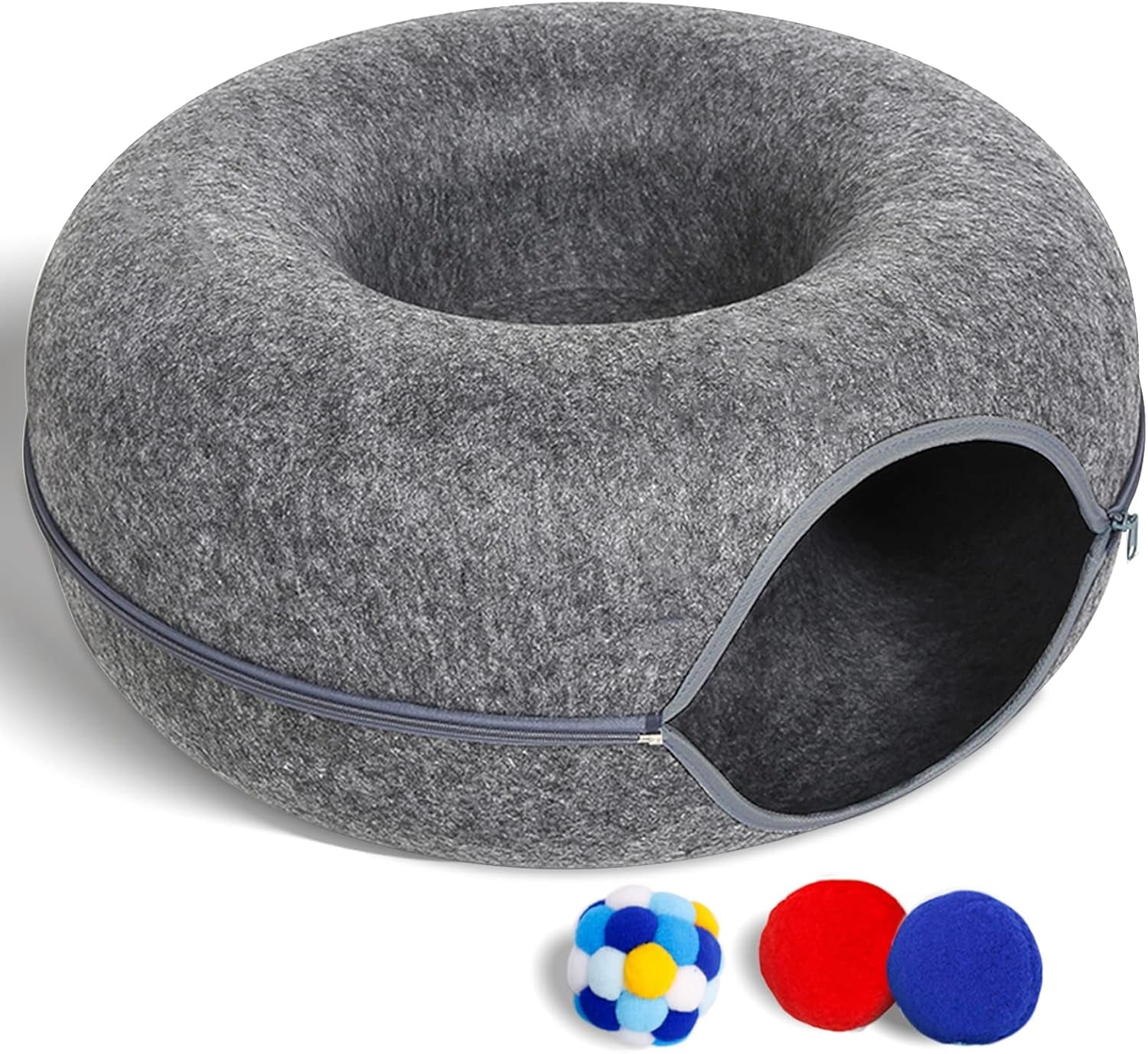 large-cat-tunnel-bed-for-indoor-cats-with-3-toys-scratch-resistant-donut-cat-bed-up-to-30-lbs-l-24x24x11-dark-grey