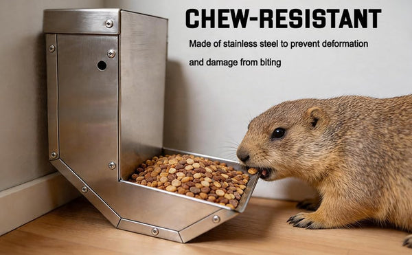 Rabbit Feeder - Small Animal Stainless Steel Gravity Feeding Trough with Lid, Outdoor Durable Cage Feeder Holds Several Days' Food (4 Inch/1.5Lbs)4