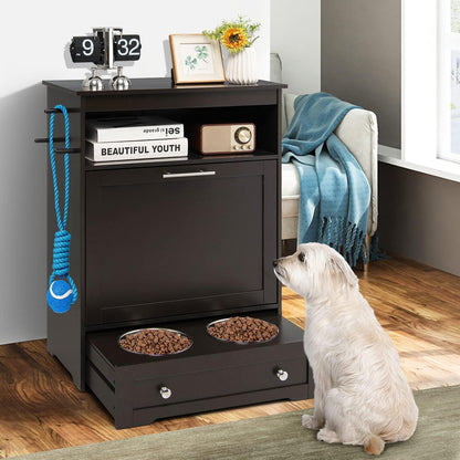 Tangkula Pet Feeder Station, Dog Food Storage Container with Double Pull Out Bowls, Food Toy Organizer Cabinet, Feeding Station Furniture for Dogs Cats Feeding & Watering Supplies (Brown)9