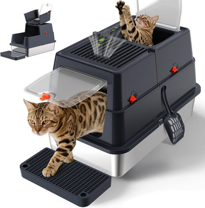 Stainless Steel Litter Box with Lid, Enclosed Metal Litter Box, Extra Large Kitty Litter Pan Covered with Scoop & Pedal, Odor Control, Odor Free, Front & Flip-Top Entry, Black1