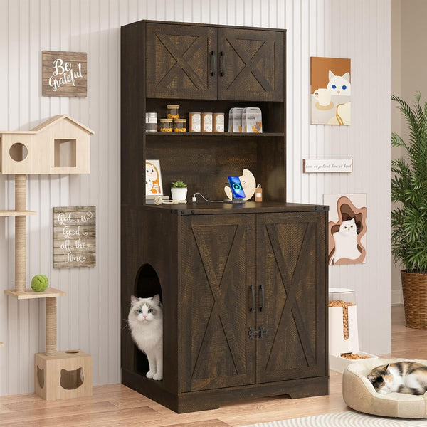 59.1" Cat Litter Box Enclosure for 2 Cats, Hidden Litter Box Furniture with Power Outlet & Removable Hallway, Lockable Door & Anti-Tip Design, Farmhouse Litter Box Cabinet with Magnetic Door, White12