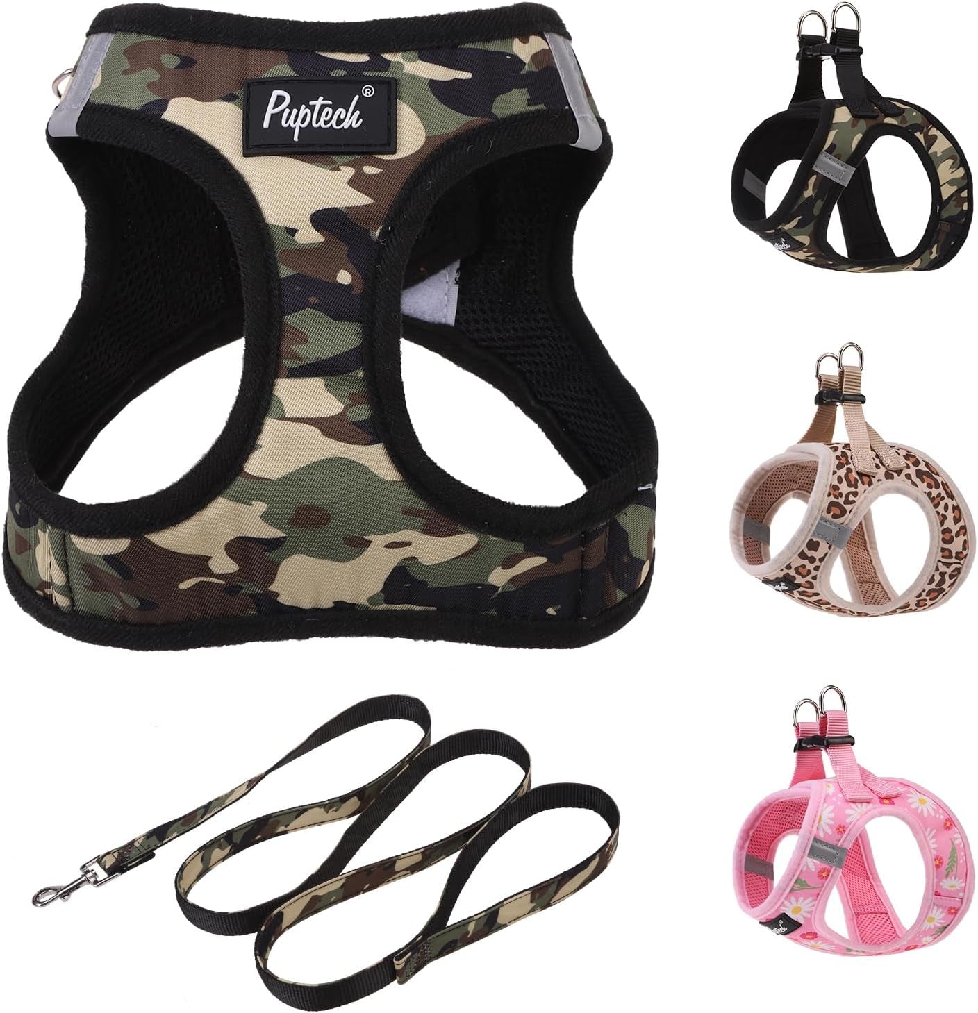 pupteck-dog-harness-and-leash-set-for-small-medium-dogs-no-pull-step-in-soft-mesh-puppy-cat-vest-harnesses-reflective-at-night-green-s