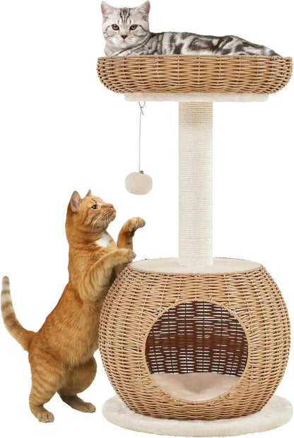 Yaheetech Cat Tree, 29.5In Rattan Cat Tower for Indoor Cats W/Scratching Post, Woven Cat Condo and Soft Cushion Top Perch, Aesthetic Cat Tree for Kittens | Boho PE Rattan Tower with a Hideaway Cubby and Top Window Perch, Fits Small Spaces and Corners as Decor, Assembles in Minutes1
