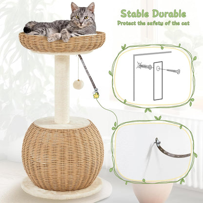 Yaheetech Cat Tree, 29.5In Rattan Cat Tower for Indoor Cats W/Scratching Post, Woven Cat Condo and Soft Cushion Top Perch, Aesthetic Cat Tree for Kittens | Boho PE Rattan Tower with a Hideaway Cubby and Top Window Perch, Fits Small Spaces and Corners as Decor, Assembles in Minutes6