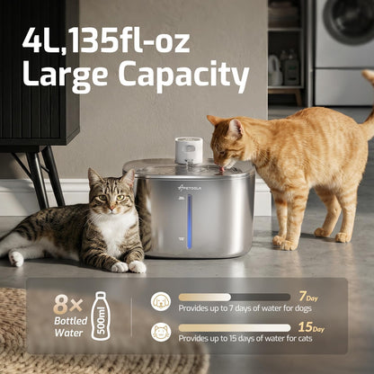 Wireless Cat Water Fountain Stainless Steel,135Floz/4L Battery Operated Automatic Pet Fountain,Cordless Cat Water Dispenser Pet Drinking Water Fountain for Multicat Cats Dog Outdoor4