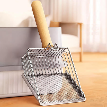 2-In-1 Cat Litter Shovel Wood Handle Metal with Hook Portable Stainless Steel Cat Dog Habitats Litter Scoops Pet Cleaning Tool,27X13Cm1