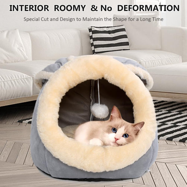 Cat Beds for Indoor Cats-Rabbit-Shaped Cat Cave Bed with Hanging Toy,Grey M | Super Soft Calming Cat Tent House for Kitten&Puppy,Warm Plush&Machine Washable&Removable Cushioned Pad,Cute Cat Hideaway3