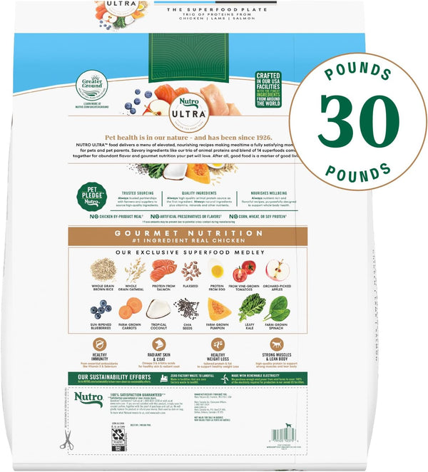 Nutro Ultra Weight Management Dry Dog Food, Chicken, Lamb & Salmon, 30 Lb | Non-Gmo, Tailored Protein & Fat for Weight Loss, 14 Superfoods, Essential Antioxidants, No Corn, Wheat, or Soy, Omega 3 & 62