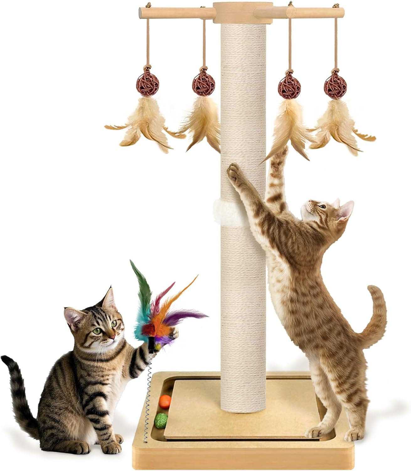 paroto-cat-scratching-post-sisal-cat-tree-tower-scratcher-for-indoor-cats-adults-with-interactive-toys-double-ball-track-2-mounting-methods-25-inches