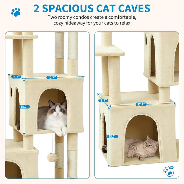 Takywep Beige 61" Heavy Duty Cat Tree for Large Indoor Cats & Maine Coon, Warm Multi-Level Cat Tower with Extra Large Perch, 2 Spacious Condos, Natural Sisal Scratching Posts & Interactive Toys5