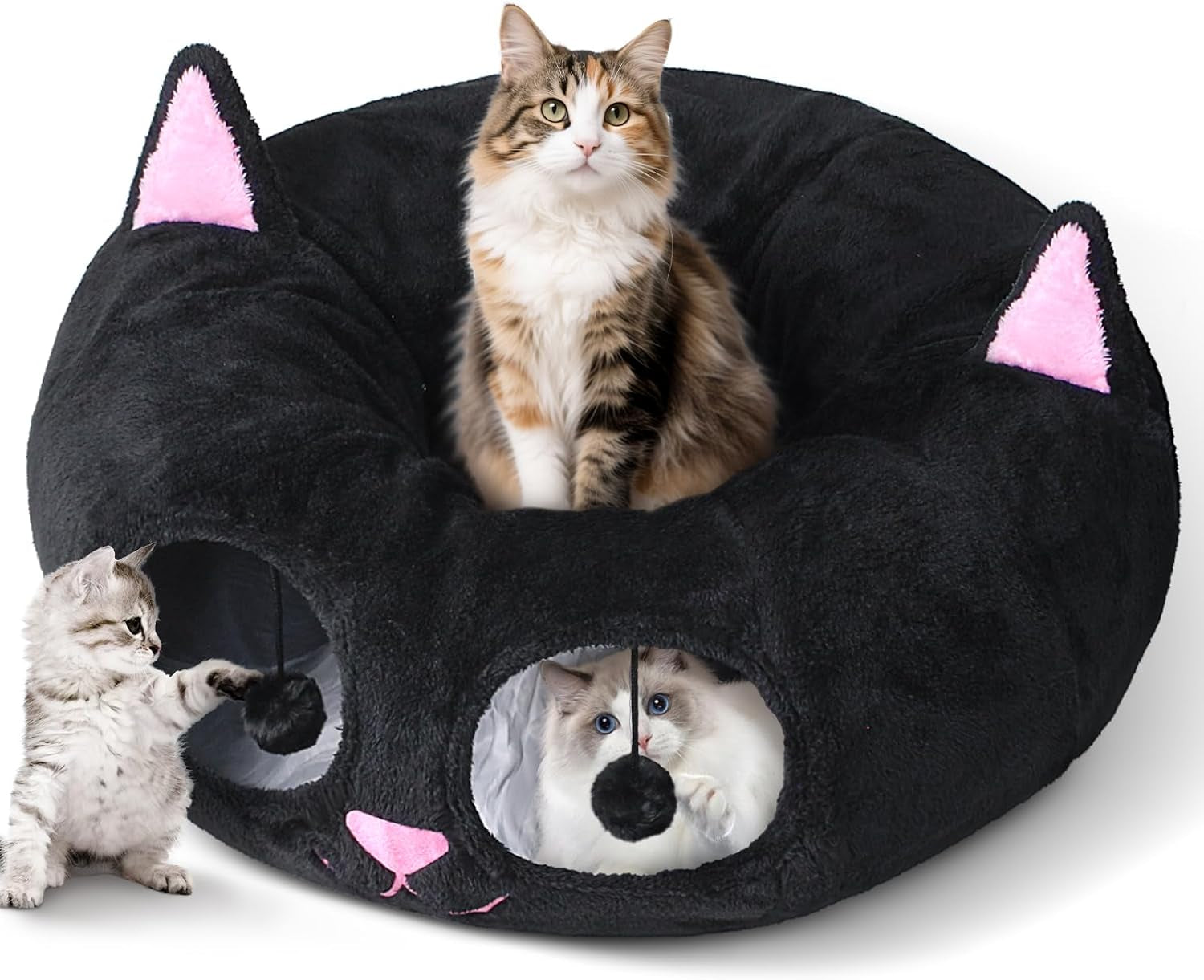 baseola-fuzzy-cat-tunnel-bed-for-indoor-cats-2-in-1-interactive-cat-toys-peekaboo-cat-cave-with-washable-mat-collapsible-cat-play-tunnel-for-kittens-small-pets-plush-cat-donut-bed-tunnel-grey