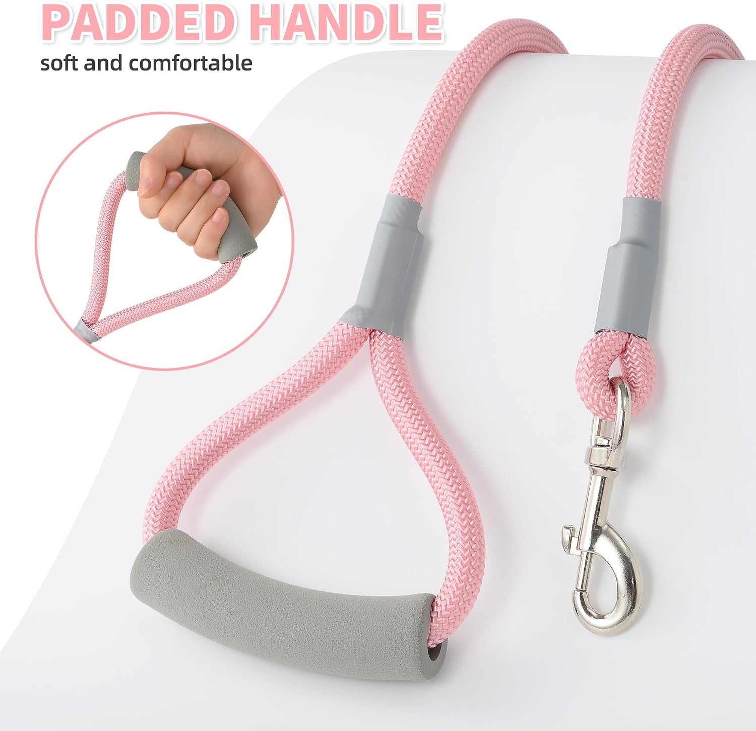 mile-high-life-dog-leash-6ft-x-1-2in-pink-with-padded-handle-heavy-duty-nylon-rope-leash-with-soft-handle-steel-tips-comfortable-grip-for-daily-walks-with-small-to-large-dogs