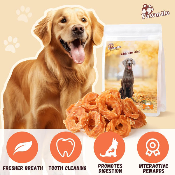 Pawmate Dog Treats Chicken Jerky Rings, Rawhide-Free Grain-Free Real Dried Tenders Natural Chicken Breast Dog Chewy Training Snacks for Small Medium Large Dogs Large Pack, 10.6 Oz9