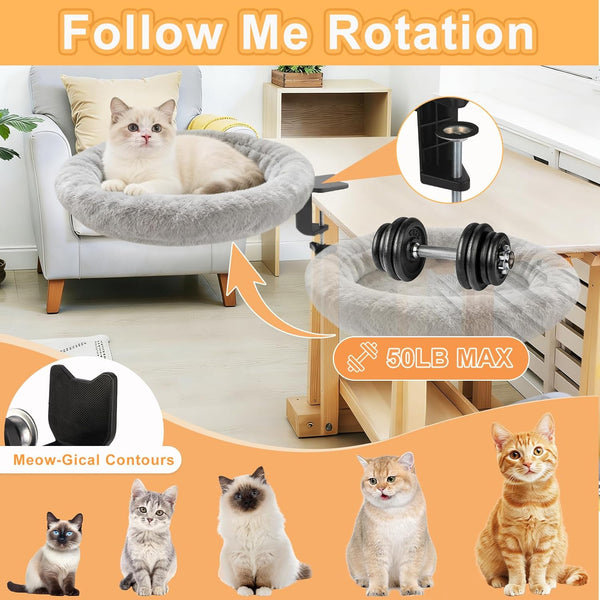Cat Desk Bed - Ergonomic Cat Desk Perch Clamp for Remote Workers - Quality Desktop Suspended Cat'S Bed- Rotating Cats Hammock Desk with Removable Cover, Cat Bed Hold up to 50LBS, Gray3