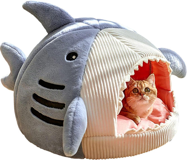 QWINEE Cat Mat Shark-Shaped Kennel Kitten Bed Hideout House Warm Soft Comfortable Semi-Closed Cat Dog Nest Blue S1