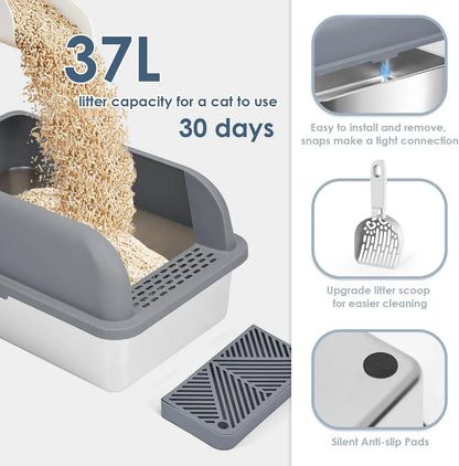 Large 37L cat litter box with easy-clean scoop, anti-slip pads, and snap-fit design for 30-day use3