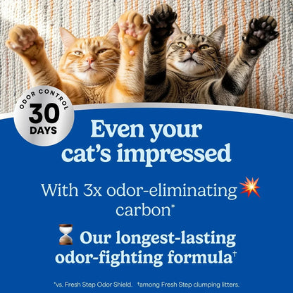 Two cats with paws up, showcasing 30-day odor control cat litter with 3x odor-eliminating carbon formula3