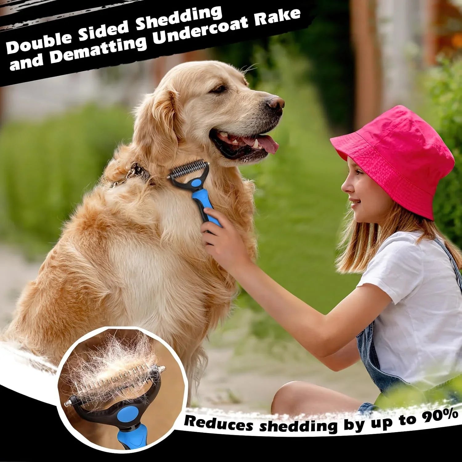 girl-grooming-golden-retriever-with-double-sided-shedding-rake-reduces-dog-hair-up-to-90