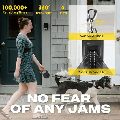 Woman walking dog with tangle-free retractable leash featuring 360° swivel hook and anti-twist inlet for smooth walks3