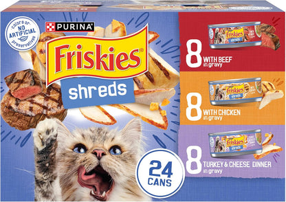 Purina Friskies Gravy Wet Cat Food Variety Pack, Shreds with Beef, with Chicken, and Turkey and Cheese Dinner - (Pack of 24) 5.5 Oz. Cans1