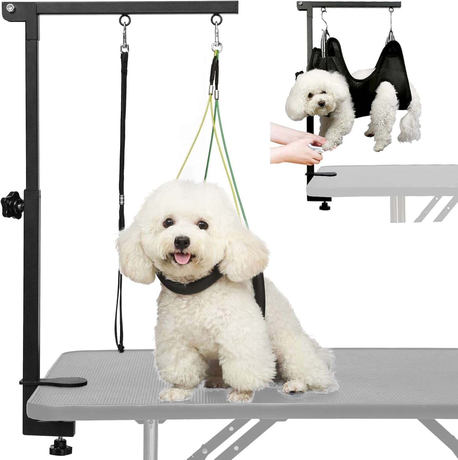 adjustable-dog-grooming-arm-with-clamp-dog-grooming-hammock-and-loop-noose-metal-dog-grooming-table-arm-adjustable-height-17-35-no-sit-haunch-holder-grooming-restraint-for-small-medium-dogs