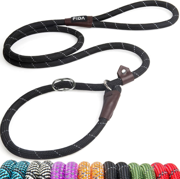 Fida Durable Slip Lead Dog Leash, 6 FT X 1/2" Heavy Duty Dog Loop Leashes, Comfortable Strong Rope Slip Leash for Large Medium Dogs, No Pull Pet Training Lead with Highly Reflective(1/2", Black)1