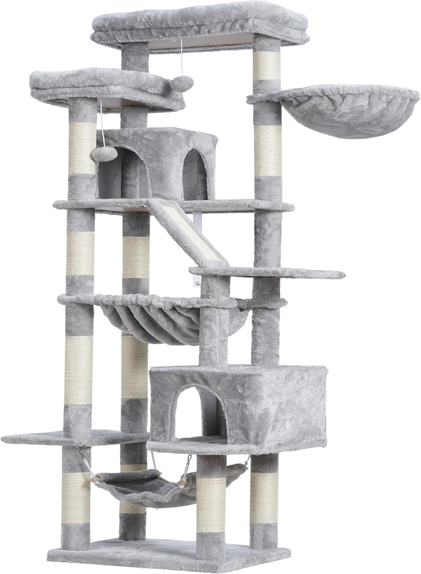Heybly Cat Tree, 71-Inch-Tall Tower for Indoor Cats with 2 Perches HCT034W | Large Cat Furniture with 2 Big Condos, 2 Hammocks, Basket, Scratching Pad, Multi-Level Cat Condo, Light Gray7