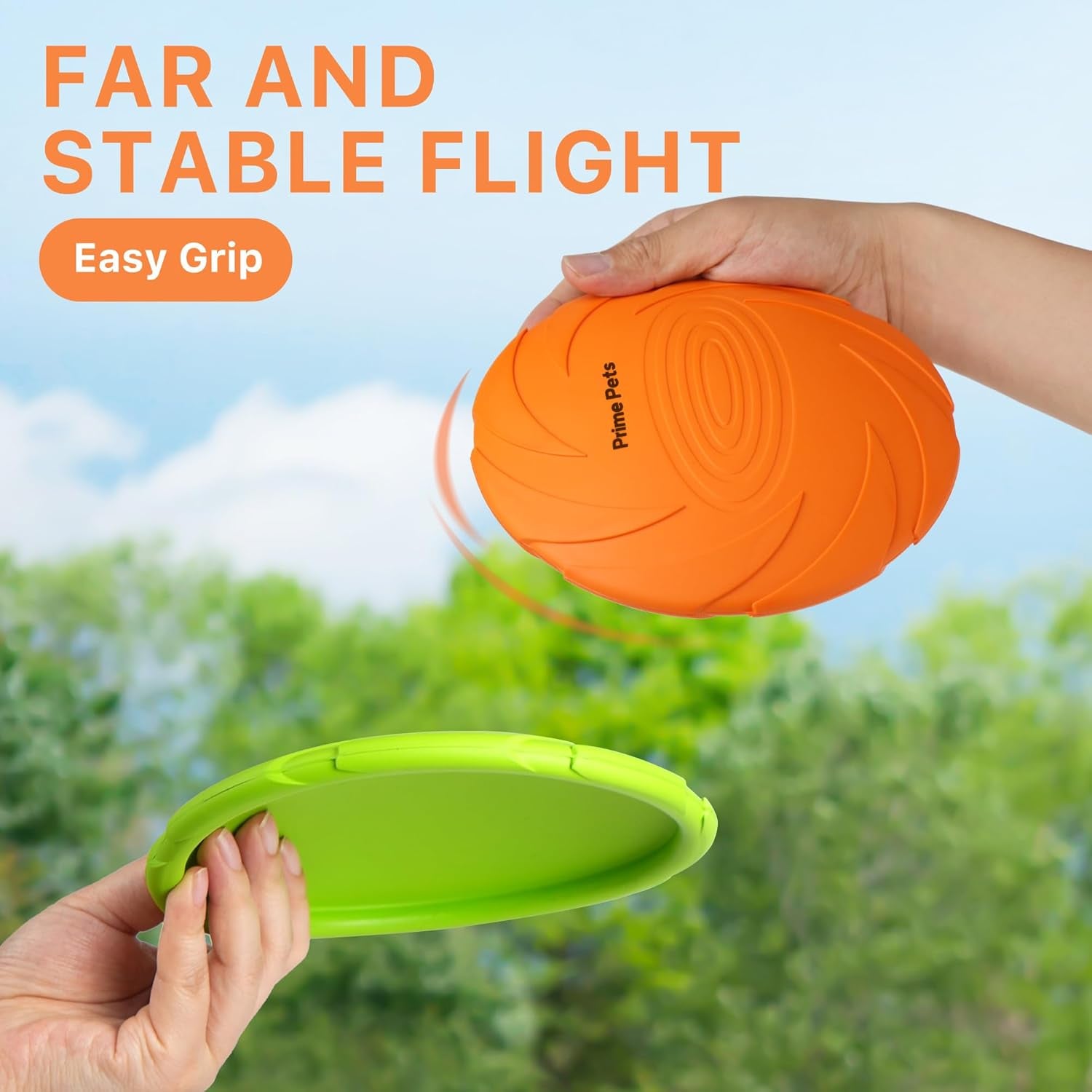 prime-pets-dog-flying-disc-2-pack-7-inch-durable-dog-toys-nature-rubber-floating-flying-saucer-for-water-pool-beach-orange-and-green