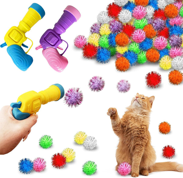 2 Cat Toy Launchers & 100 Cat Pom Pom Balls,Cat Toys Balls Launcher,Launch Ball Interactive Toy,Silent Plush Elastic Ball for Kitty8