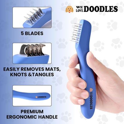 We Love Doodles Dematting Comb for Dogs - Dog Hair Mat Remover, Detangler Comb & Deshedding Tool, Removes Tangles, Knots, & Loose Hair, Metal Comb, Ergonomic Handle Family (5 Blades)2
