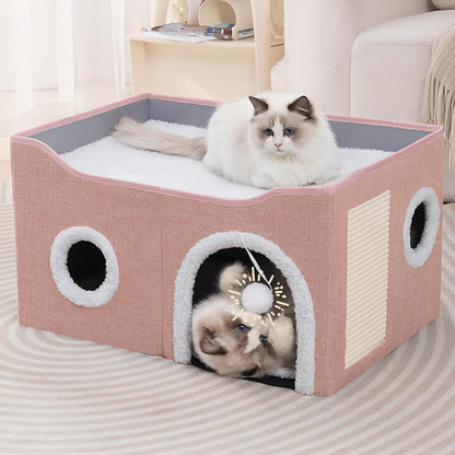 Loyareal Cat Houses for Indoor Cats - Large Cat Bed Cave with Scratch Pad and Fluffy Ball, Foldable Cat Condo Hideaway with Reversible Cushion for Multi Small Pet, Dark Grey12