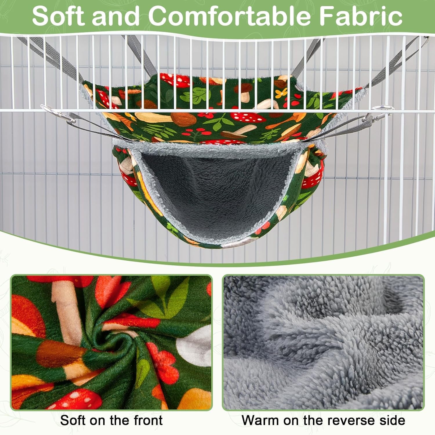bienbee-2-pcs-ferret-rat-hammock-set-for-cage-washable-guinea-pig-hideout-bed-soft-small-animal-hammock-tunnel-toys-ferret-cage-accessories-for-hedgehog-sugar-glider-squirrel-hamster-green-mushroom