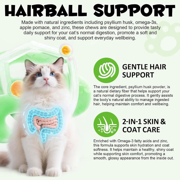 Cat Hairball Support Crunchy & Creamy Chews,Omega 3 & Zinc for Healthy Skin & Coat, Tasty Chicken Flavor,Supports Skin & Coat, Digestion,30-Day Supply6