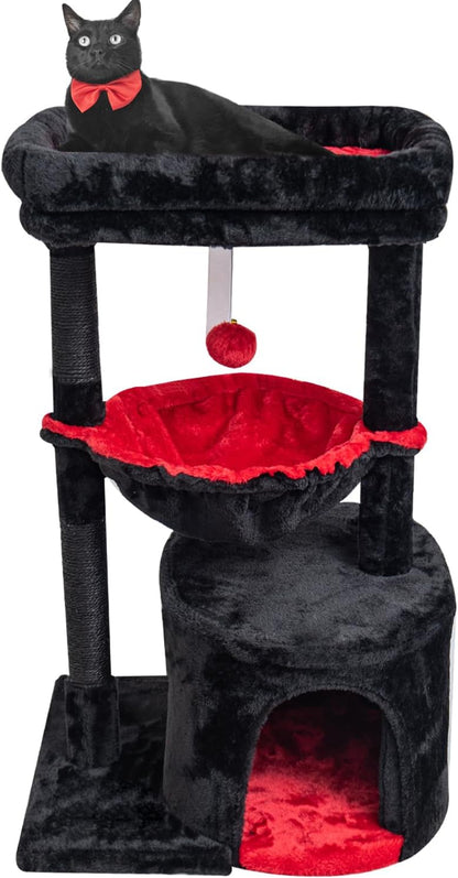 SYANDLVY Gothic Cat Tree with Coffin Bed for Indoor Cats, Modern House | Small Activity Tower with Scratching Post, Condo & Cradle, Kittens Cave, Black & Red1