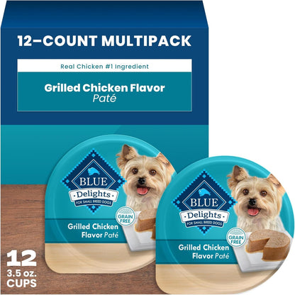 Blue Buffalo Delights Variety Pack Natural Grain Free Wet Dog Food for Small Breed Dogs (Top Sirloin Flavor Paté and Grilled Chicken Flavor Paté) with Natural Ingredients, 3.5-Oz. Each (12 Cups)11