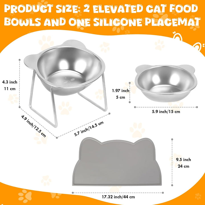 Elevated Cat Bowls, 2 Pack Raised Cat Food Water Bowls with Non-Slip Placemat, 15° Tilted Stand anti Vomiting Stainless Steel Pet Food Feeding Dishes Plate for Cats Kitten Puppies Dogs Small Animals+2