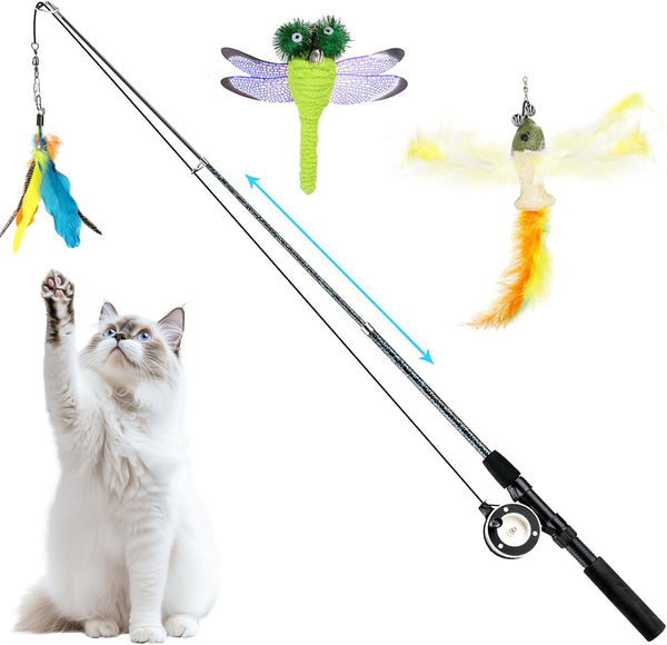 Pawaboo Cat Feather Toys, 4 Pack Interactive Cat Feather Teaser Wand Toys, Retractable Fishing Pole Wand Catcher Exerciser with Refill Fish, Dragonfly Worm with Bells, Fun Cat Kitten Kitty Playing Toy12