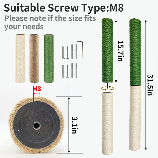 VCEPJH Cat Scratching Post Replacement for Indoor Cats 4Pcs 15.7In Cat Scratch Post Refill Pole Parts Sisal Rope Cat Furniture Protector with M8 Screws for Cat Tree Tower (White)2