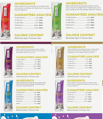 Fussie Cat Super Premium Cat Treats in Goat Milk Puree, Lickable Cat Treats,6 Packs of 4-0.5Oz Tubes, Variety Flavor Pack of 6 Flavors + Freeding Spoon2