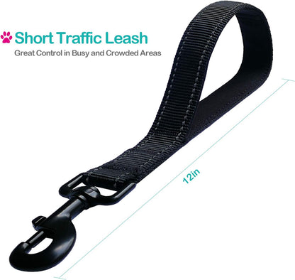 Short Dog Leash - Traffic Padded Handle - Heavy Duty - Short Nylon Dog Lead for Training Control - Reflective Threads Pet Leashes for Large Dogs and Medium Dogs (12 Inch, Black)2