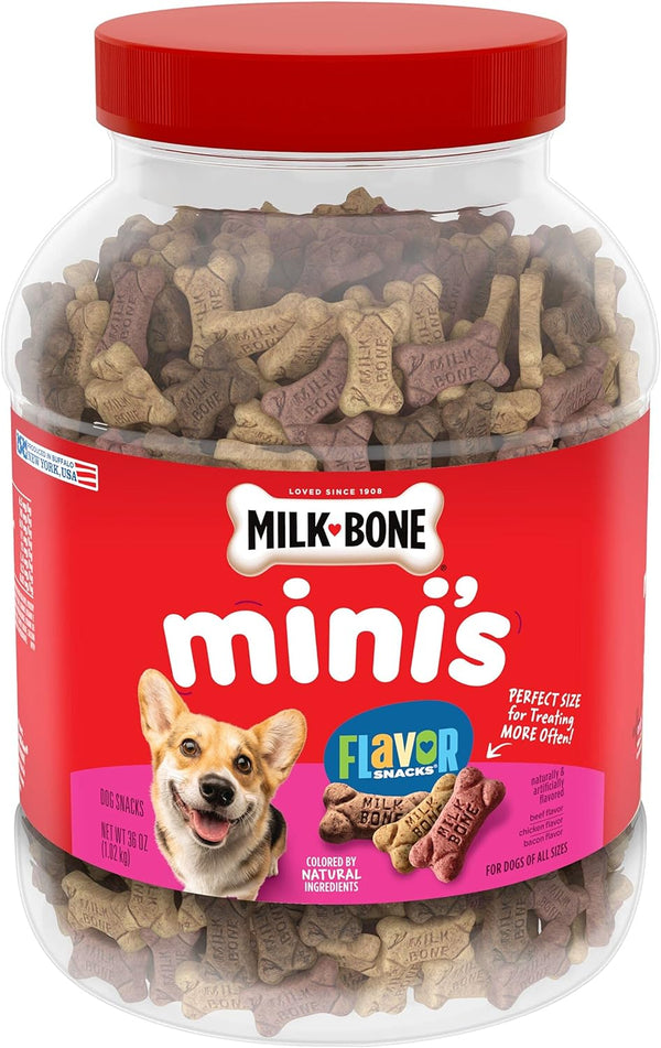 Milk-Bone Flavor Snacks Mini’S Dog Biscuits, Flavored Crunchy Dog Treats, 36 Oz. Canister | 5 Calories per Treat, 15% Protein, 3 Flavors per Canister (Beef, Chicken & Bacon, Naturally & Artificially Flavored)18