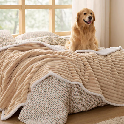 Bedsure Comfyfleece™ Waterproof Dog Blankets for Large Dogs,50X60 Cream | Soft Plush Couch Cover,Washable Corduroy Fleece for Furniture Protector,Cozy Calming Reversible Pet Blanket for Senior Dogs33