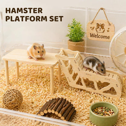 3 Pack Wooden Hamster Play Platform, 3-In-1 Natural Small Pet Playground with Tunnel, Ladder & Hidden Rest Area, Wooden Support Column Cage Accessories for Hamsters, Squirrels & Tiny Pets3