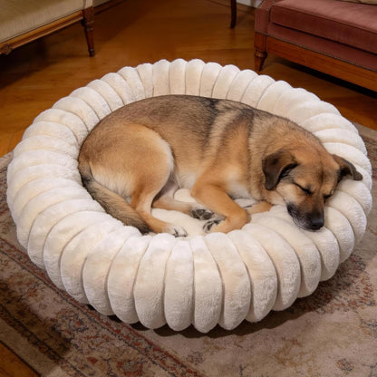 Donut Dog and Cat Bed, Luxurious Comfortable Faux Rabbit Fur Pet Beds, round Anti-Anxiety Calming Puppy Kitten Bed with Anti-Slip Bottom for Small Medium Dogs & Cats(20", White)15