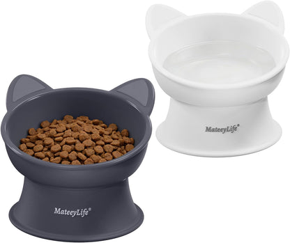Mateeylife 2 Pack Elevated Cat Food Bowls for Indoor Cats & Kittens | Raised Food and Water Bowl Set, Whisker Friendly & anti Vomit Feeding Pet Bowls, 6 Oz Each, Dishwasher Safe - White & Grey1