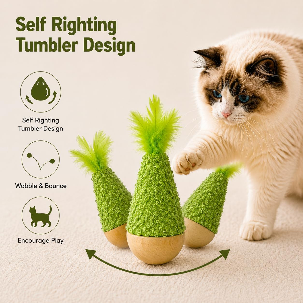 2-pack-interactive-self-righting-wobble-cat-toy-with-feather-fluffy-plush-wooden-tumbler-for-bored-adult-indoor-cats-silent-self-play-cat-enrichment-toy-green-brown