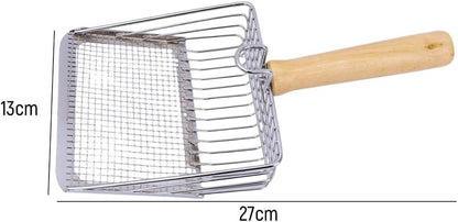 2-In-1 Cat Litter Shovel Wood Handle Metal with Hook Portable Stainless Steel Cat Dog Habitats Litter Scoops Pet Cleaning Tool,27X13Cm2