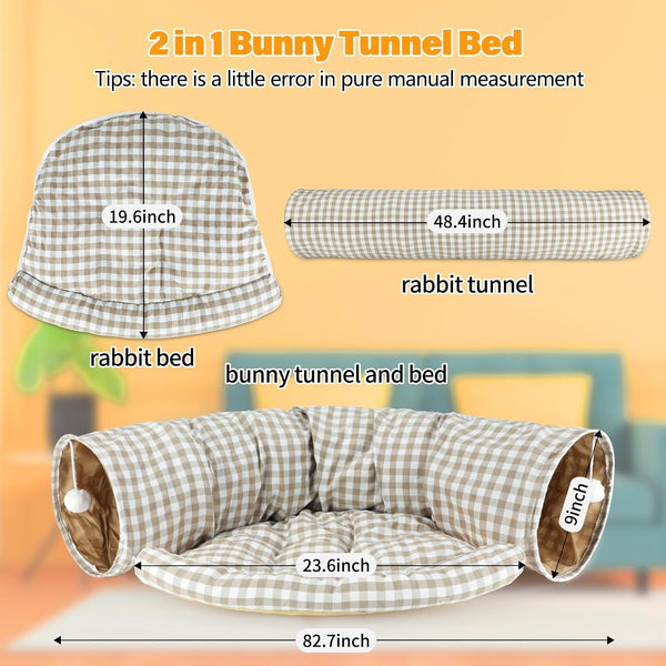 BWOGUE Bunny Tunnel Bed, 2-In-1 Collapsible Rabbit Tunnel Hideout with Mat | Removable Mat for Washing, Ball Toy for Play, Tunnel Tubes for Hiding, Soft Suede Fabric, Cats Rabbits Guinea Pigs2