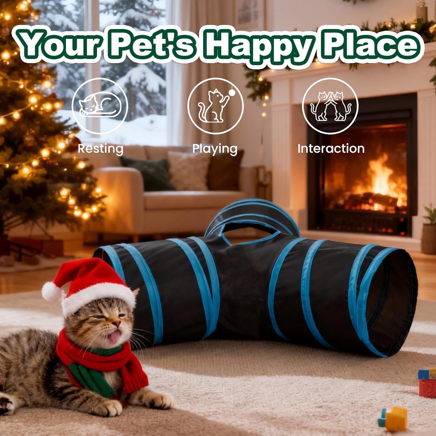 love-s-cabin-cat-tunnel-for-indoor-cats-3-way-collapsible-play-tunnel-with-teaser-wand-peek-holes-toy-ball-small-pet-toy-for-kittens-rabbits-black-blue-small-size