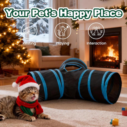 Love’S Cabin Cat Tunnel for Indoor Cats, 3-Way Collapsible Play Tunnel with Teaser Wand, Peek Holes & Toy Ball, Small Pet Toy for Kittens & Rabbits, Black & Blue, Small Size2